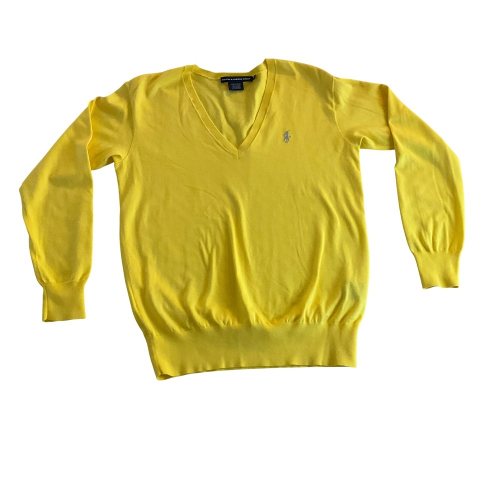 Ralph Lauren Golf Sweater Womens Medium Yellow V-Neck Cotton Knit Pony Logo